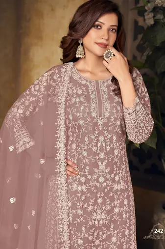 Enchanting Mauve Heavy Cording Work Net Salwar Suit