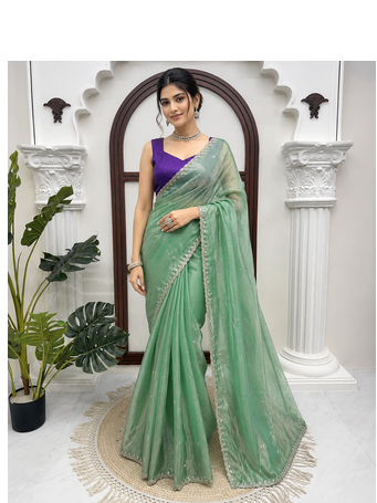 Sea Green Color Intricate Thred With Sequnce Work Silk Blend Saree 2