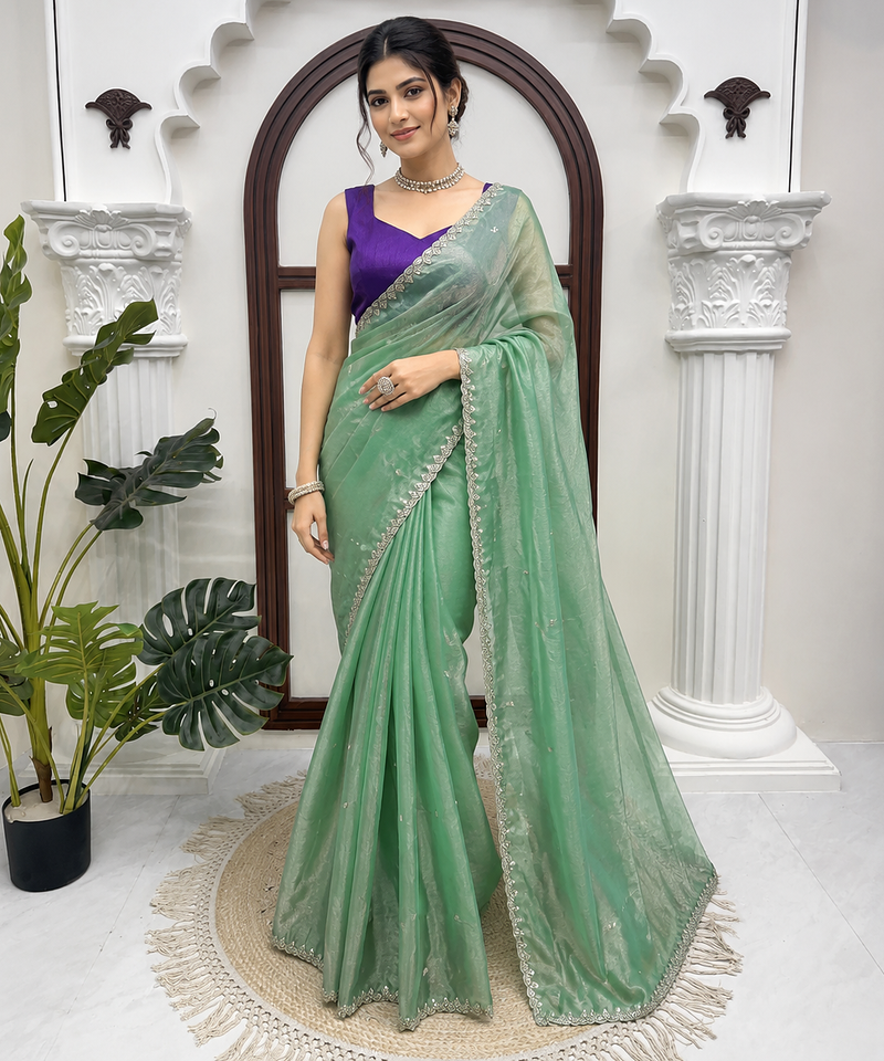 Sea Green Color Intricate Thred With Sequnce Work Silk Blend Saree