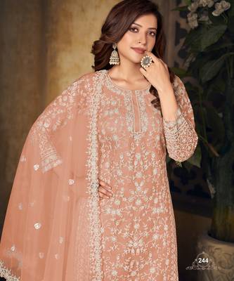 Radiant Peach Heavy Cording Work Net Salwar Suit 1