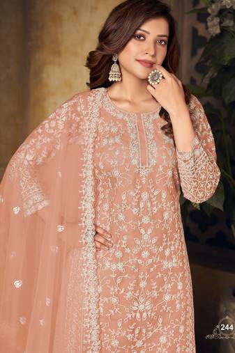 Radiant Peach Heavy Cording Work Net Salwar Suit