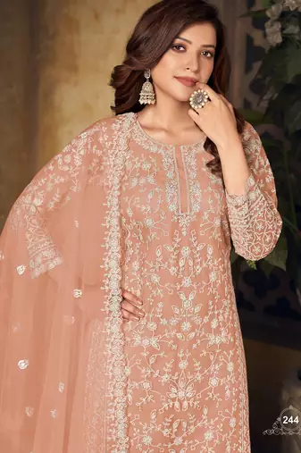 Radiant Peach Heavy Cording Work Net Salwar Suit