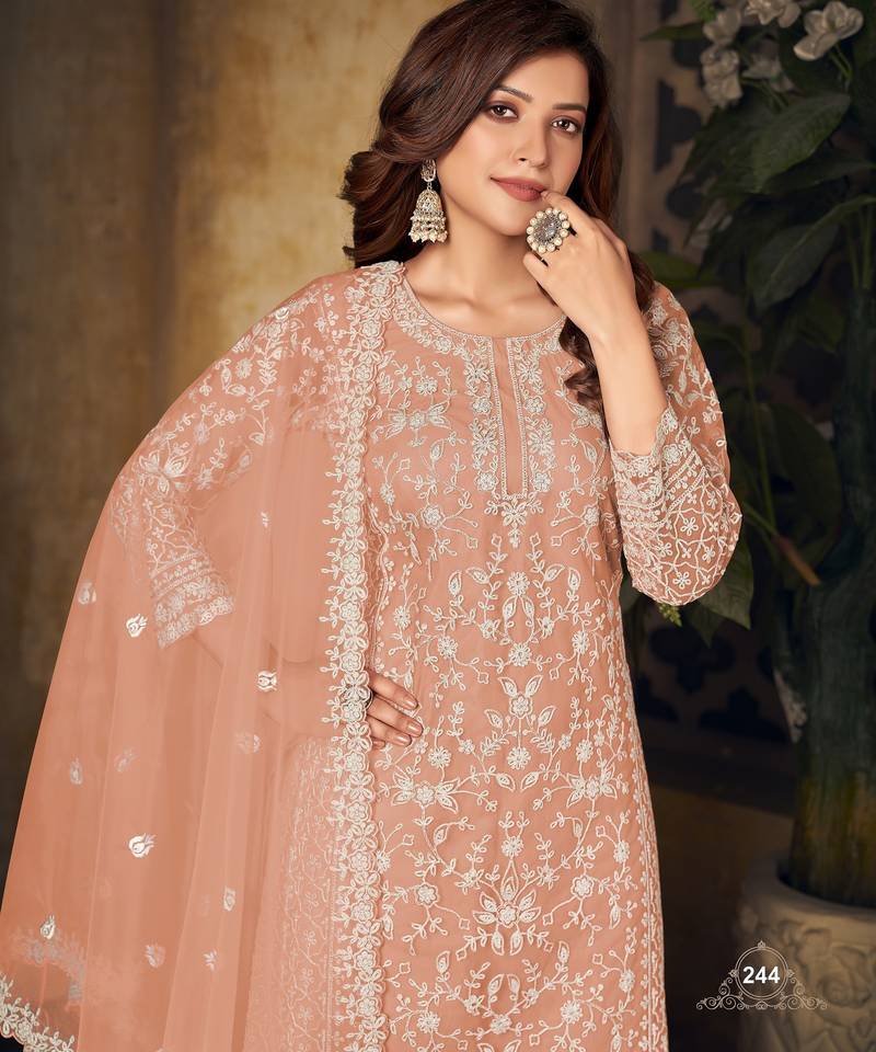 Radiant Peach Heavy Cording Work Net Salwar Suit