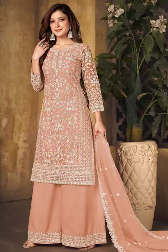 Radiant Peach Heavy Cording Work Net Salwar Suit