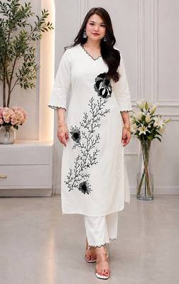 Women white & black floral embroidered kurta with trousers 1