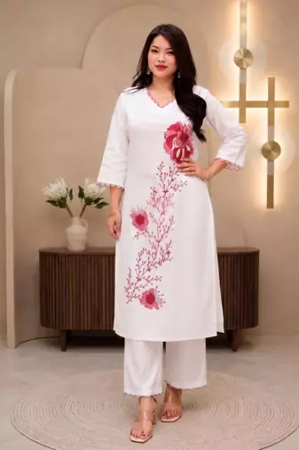 Women white & red floral embroidered kurta with trousers