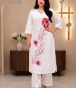 Women white & red floral embroidered kurta with trousers