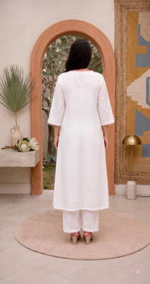 Women white & red floral embroidered kurta with trousers 3