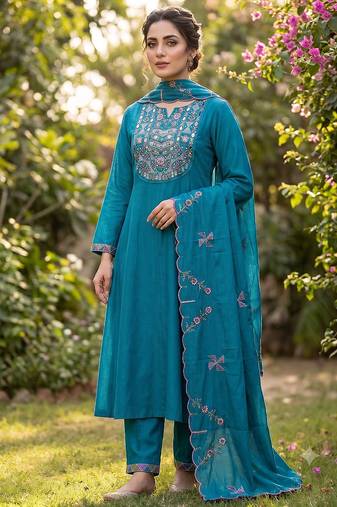 Blue embroidered straight kurti pant set with scallop border dupatta