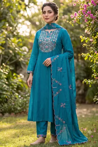 Blue embroidered straight kurti pant set with scallop border dupatta