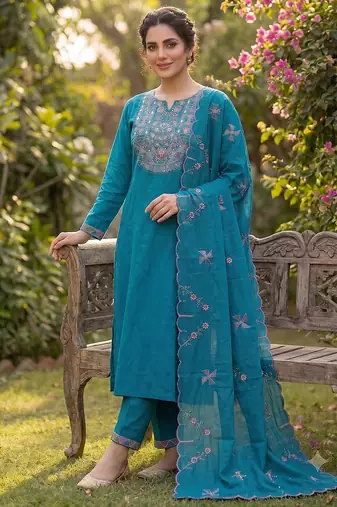 Blue embroidered straight kurti pant set with scallop border dupatta