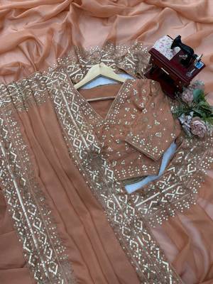 Chiku Color Intricate Thred With Sequnce Work Tibby Silk Blend Saree 2