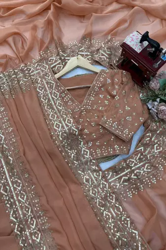 Chiku Color Intricate Thred With Sequnce Work Tibby Silk Blend Saree