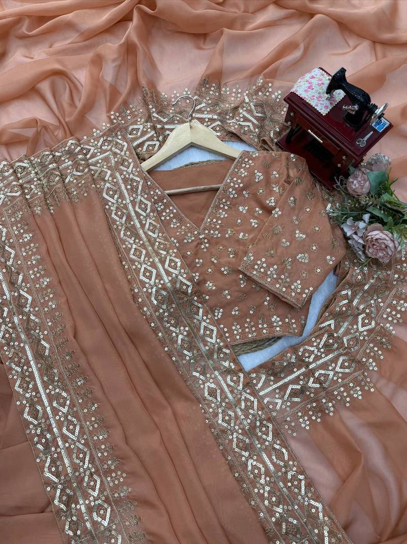 Chiku Color Intricate Thred With Sequnce Work Tibby Silk Blend Saree
