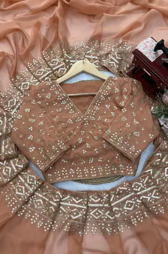 Chiku Color Intricate Thred With Sequnce Work Tibby Silk Blend Saree