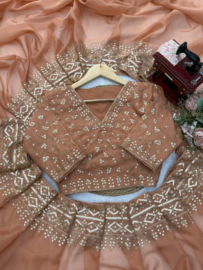 Chiku Color Intricate Thred With Sequnce Work Tibby Silk Blend Saree