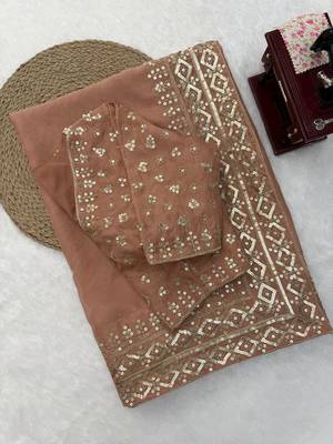 Chiku Color Intricate Thred With Sequnce Work Tibby Silk Blend Saree 4
