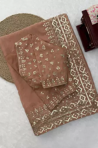 Chiku Color Intricate Thred With Sequnce Work Tibby Silk Blend Saree