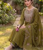 Mehendi green embroidered straight kurti pant set with scallop border dupatta