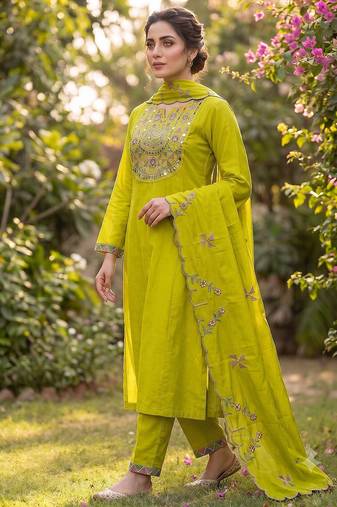 Parrot green embroidered straight kurti pant set with scallop border dupatta