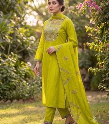 Parrot green embroidered straight kurti pant set with scallop border dupatta