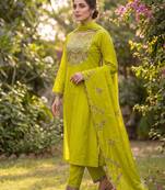 Parrot green embroidered straight kurti pant set with scallop border dupatta