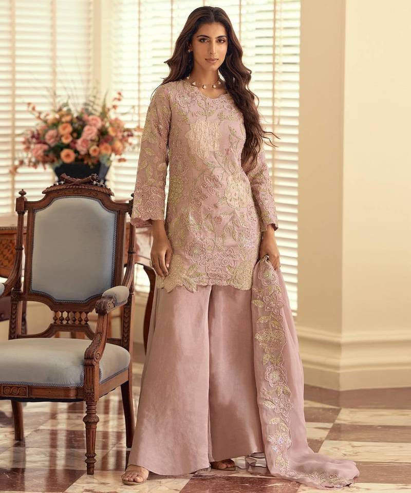 Purple silk blend  readymade suit with beads & embroidery work