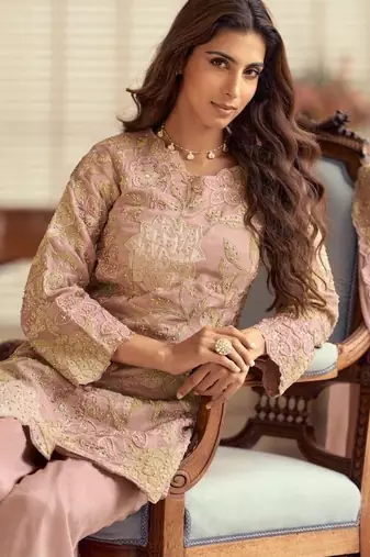 Purple silk blend  readymade suit with beads & embroidery work