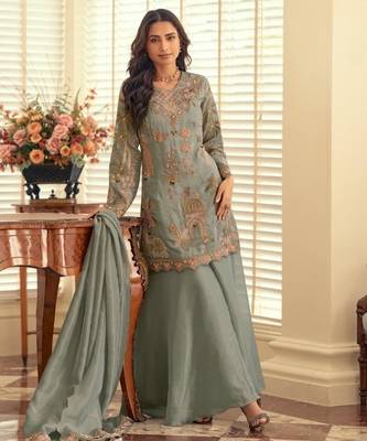 Blue silk blend readymade suit with beads & embroidery work 1