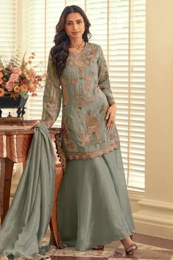 Blue silk blend readymade suit with beads & embroidery work