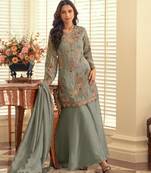 Blue silk blend readymade suit with beads & embroidery work