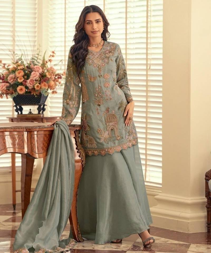 Blue silk blend readymade suit with beads & embroidery work