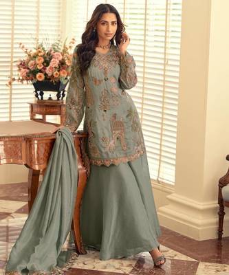 Blue silk blend readymade suit with beads & embroidery work 2