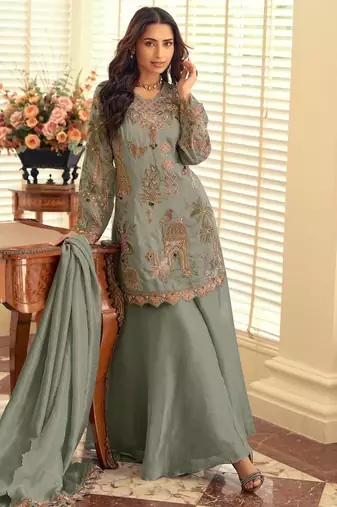 Blue silk blend readymade suit with beads & embroidery work