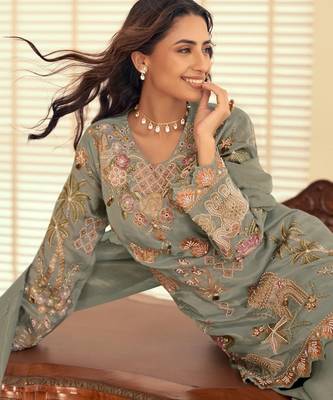 Blue silk blend readymade suit with beads & embroidery work 3