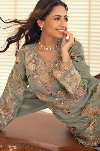 Blue silk blend readymade suit with beads & embroidery work