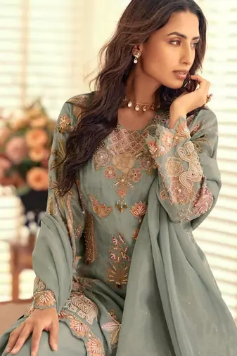 Blue silk blend readymade suit with beads & embroidery work