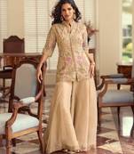 Cream silk blend readymade suit with beads & embroidery work