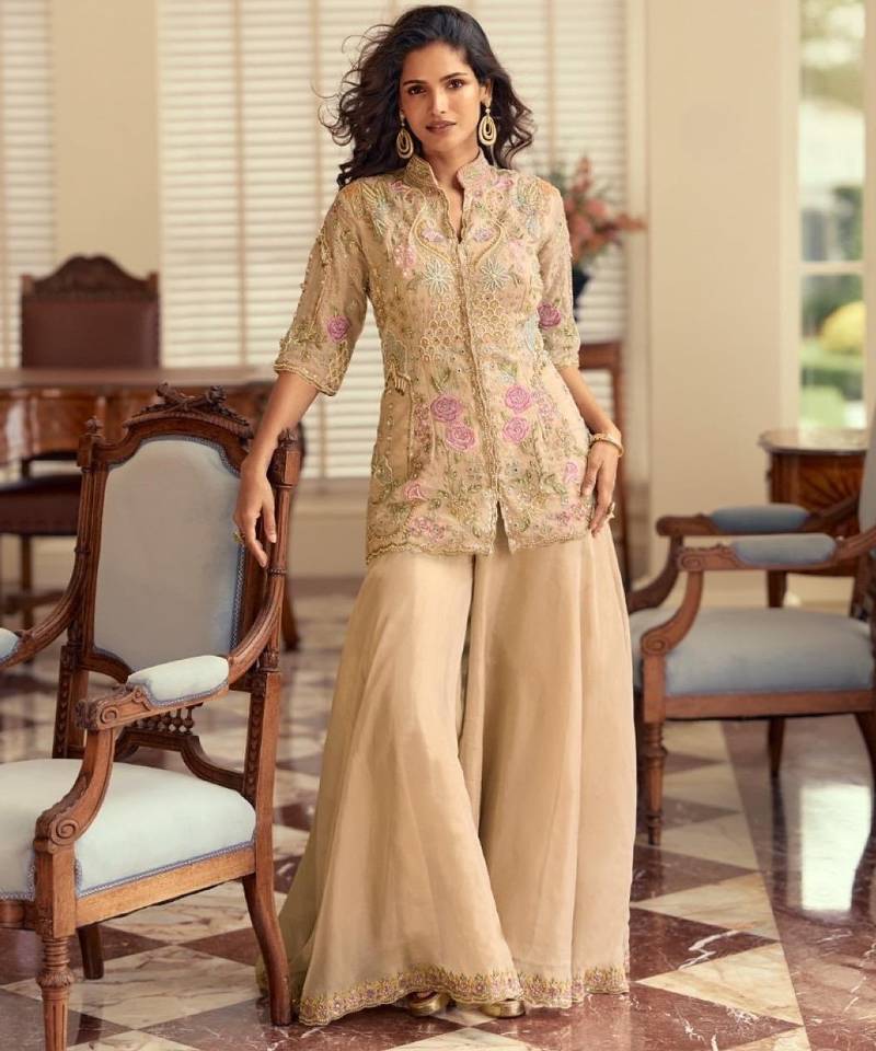 Cream silk blend readymade suit with beads & embroidery work