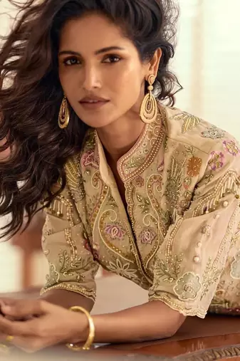 Cream silk blend readymade suit with beads & embroidery work