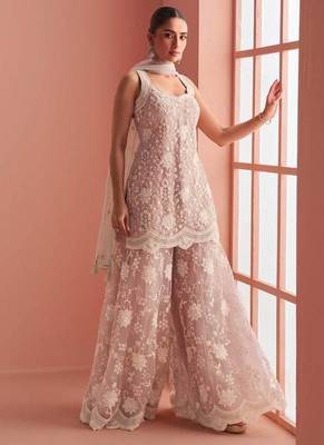 Peach net readymade suit with beads & embroidery work 1