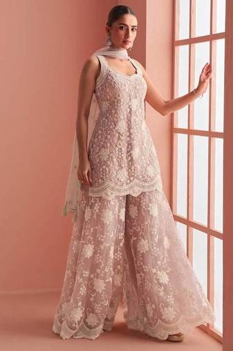 Peach net readymade suit with beads & embroidery work