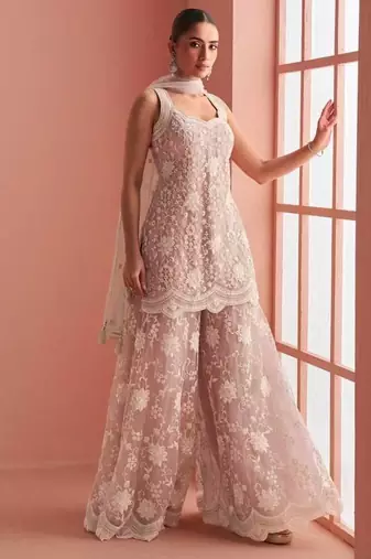 Peach net readymade suit with beads & embroidery work
