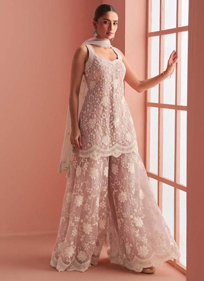 Peach net readymade suit with beads & embroidery work