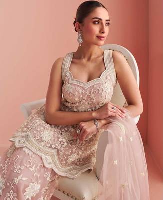 Peach net readymade suit with beads & embroidery work 2