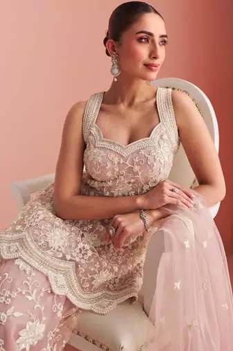 Peach net readymade suit with beads & embroidery work