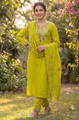 Parrot green embroidered straight kurti pant set with scallop border dupatta