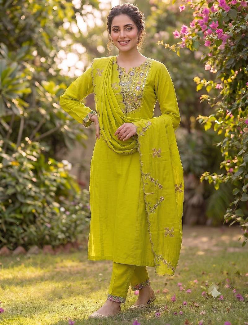 Parrot green embroidered straight kurti pant set with scallop border dupatta