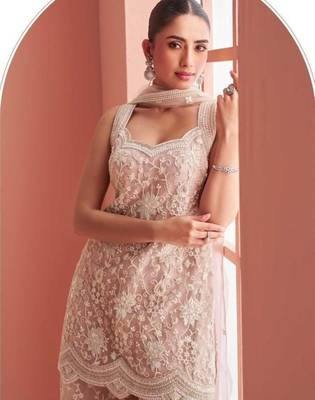 Peach net readymade suit with beads & embroidery work 3