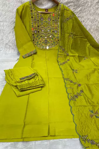 Parrot green embroidered straight kurti pant set with scallop border dupatta